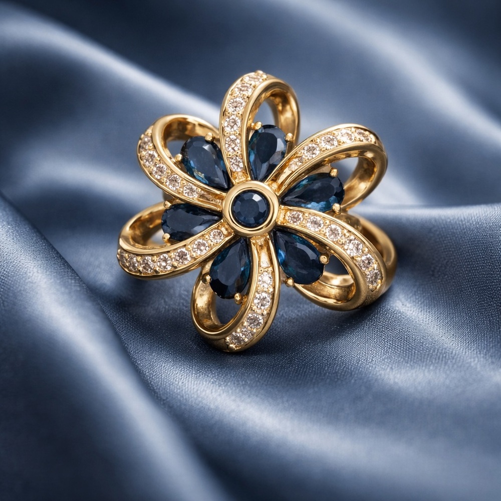 Elegant Gold and Sapphire Blue Floral Ring